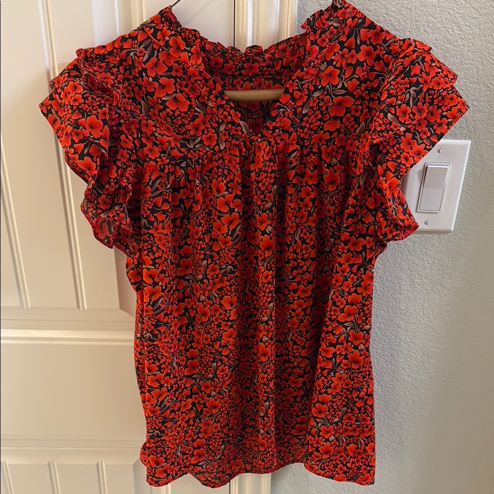 Floral Ruffle Sleeve Top - Red